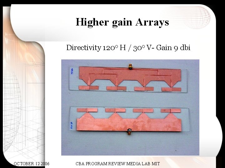 Higher gain Arrays Directivity 1200 H / 300 V- Gain 9 dbi OCTOBER 12