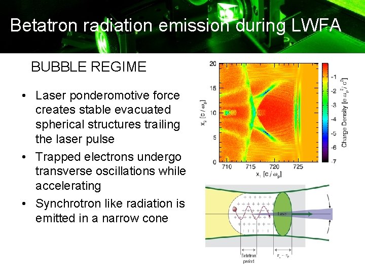 Betatron radiation emission during LWFA BUBBLE REGIME • Laser ponderomotive force creates stable evacuated