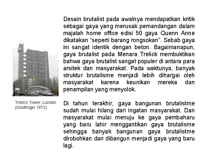 Desain brutalist pada awalnya mendapatkan kritik sebagai gaya yang merusak pemandangan dalam majalah home