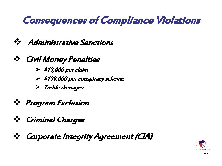 Consequences of Compliance Violations v Administrative Sanctions v Civil Money Penalties Ø $10, 000