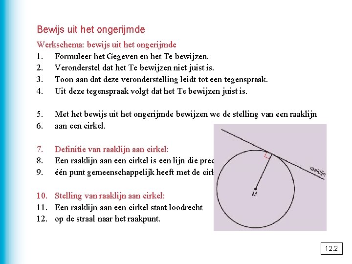 Bewijs uit het ongerijmde Werkschema: bewijs uit het ongerijmde 1. Formuleer het Gegeven en