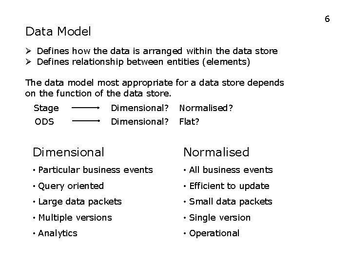 6 Data Model Ø Defines how the data is arranged within the data store