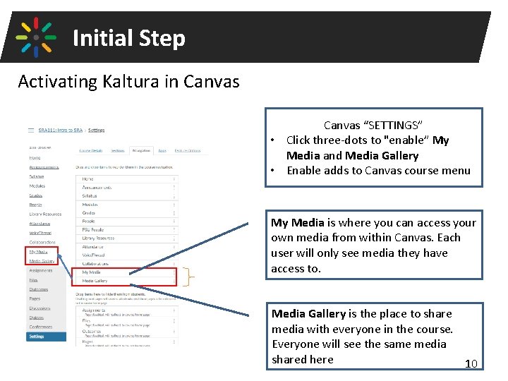 Initial Step Activating Kaltura in Canvas “SETTINGS” • Click three-dots to "enable” My Media