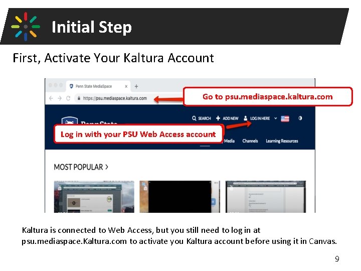 Initial Step First, Activate Your Kaltura Account Go to psu. mediaspace. kaltura. com Log