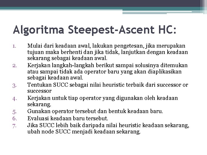 Algoritma Steepest-Ascent HC: 1. 2. 3. 4. 5. 6. 7. Mulai dari keadaan awal,
