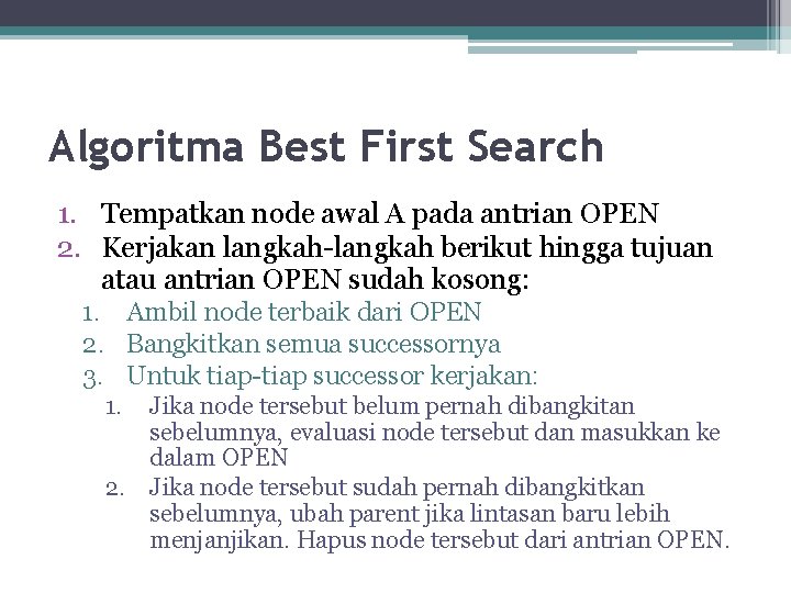 Algoritma Best First Search 1. Tempatkan node awal A pada antrian OPEN 2. Kerjakan