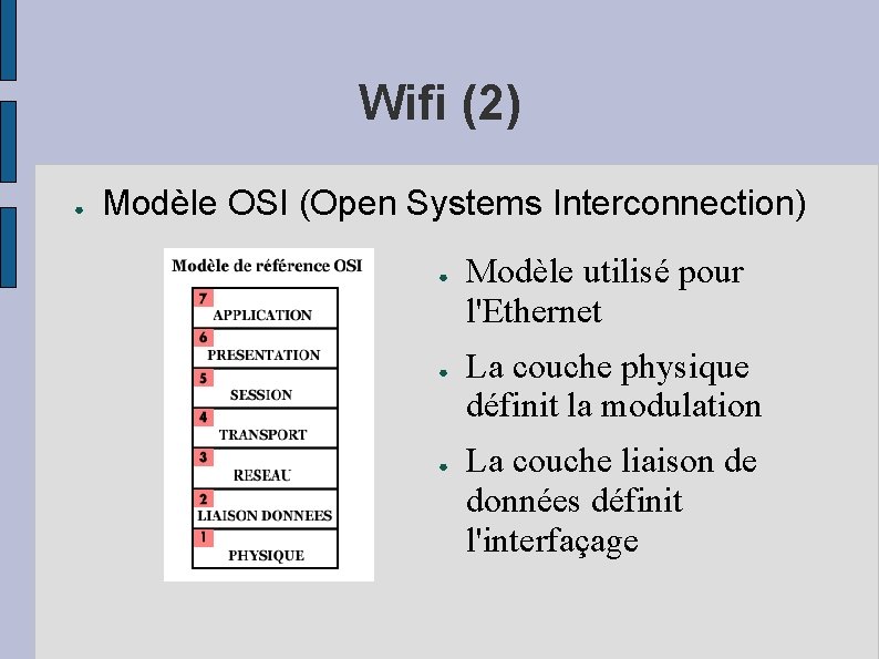 Wifi (2) ● Modèle OSI (Open Systems Interconnection) ● ● ● Modèle utilisé pour