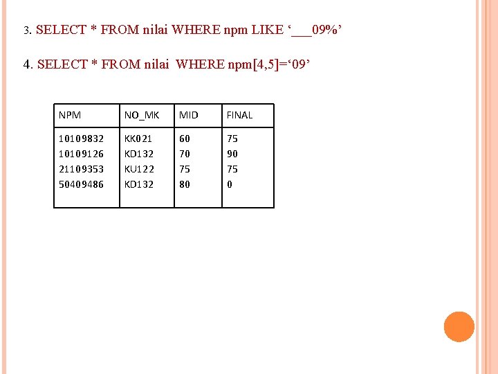 3. SELECT * FROM nilai WHERE npm LIKE ‘___09%’ 4. SELECT * FROM nilai