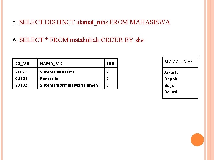 5. SELECT DISTINCT alamat_mhs FROM MAHASISWA 6. SELECT * FROM matakuliah ORDER BY sks