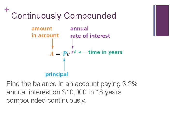 + Continuously Compounded Find the balance in an account paying 3. 2% annual interest