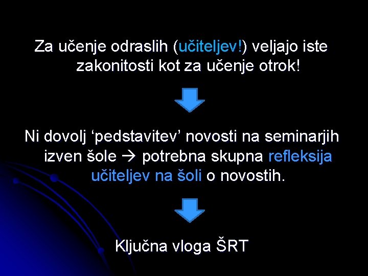 Za učenje odraslih (učiteljev!) veljajo iste zakonitosti kot za učenje otrok! Ni dovolj ‘pedstavitev’