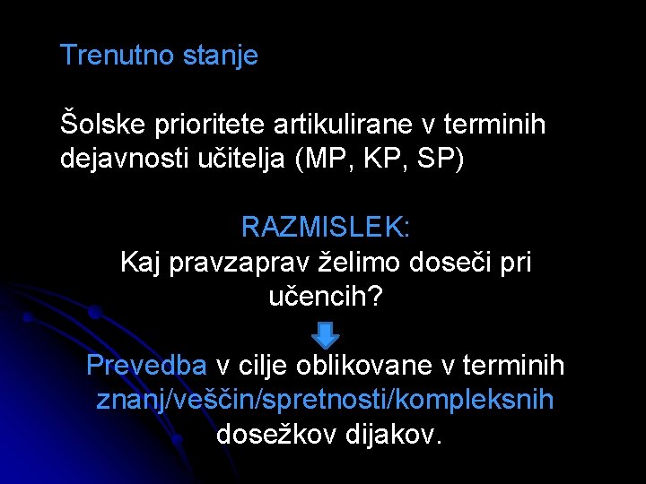 Trenutno stanje Šolske prioritete artikulirane v terminih dejavnosti učitelja (MP, KP, SP) RAZMISLEK: Kaj