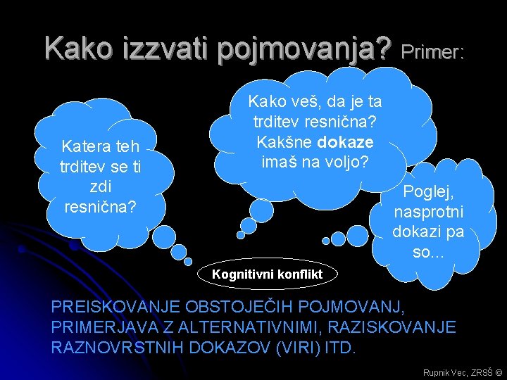 Kako izzvati pojmovanja? Primer: Katera teh trditev se ti zdi resnična? Kako veš, da