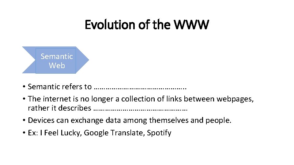 Evolution of the WWW Semantic Web • Semantic refers to ……………………. . • The