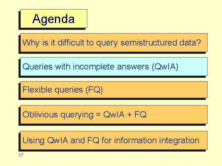 Agenda Why is it difficult to query semistructured data? Queries with incomplete answers (Qw.