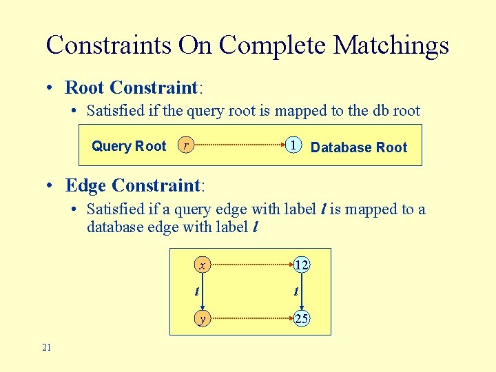 Constraints On Complete Matchings • Root Constraint: • Satisfied if the query root is