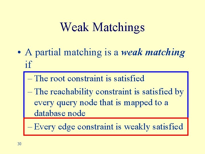 Weak Matchings • A partial matching is a weak matching if – The root
