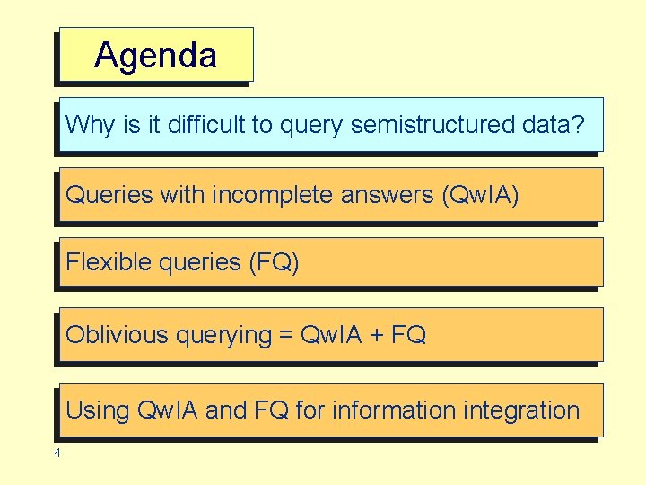 Agenda Why is it difficult to query semistructured data? Queries with incomplete answers (Qw.