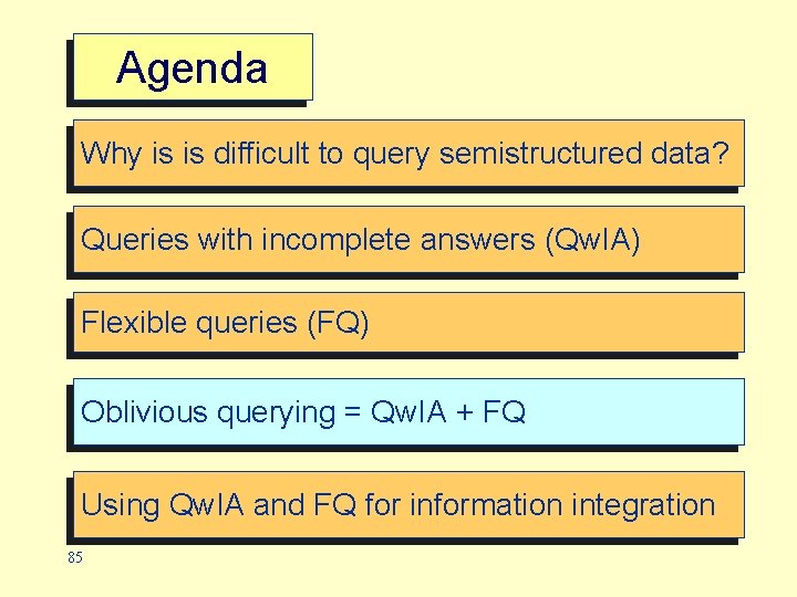 Agenda Why is is difficult to query semistructured data? Queries with incomplete answers (Qw.