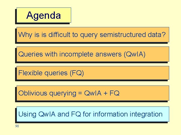Agenda Why is is difficult to query semistructured data? Queries with incomplete answers (Qw.
