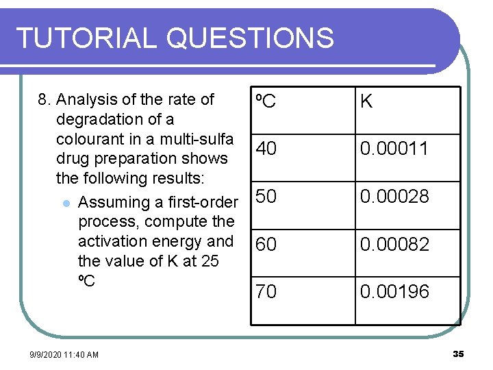TUTORIAL QUESTIONS 8. Analysis of the rate of degradation of a colourant in a