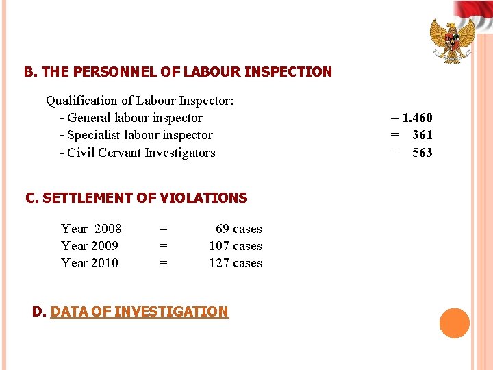 B. THE PERSONNEL OF LABOUR INSPECTION Qualification of Labour Inspector: - General labour inspector