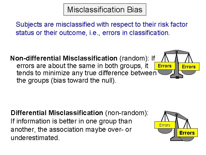 Misclassification Bias Subjects are misclassified with respect to their risk factor status or their