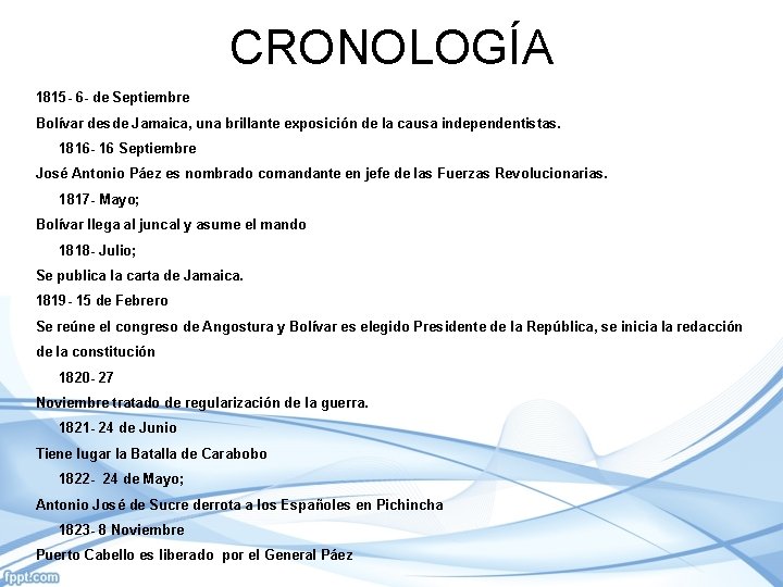 CRONOLOGÍA 1815 - 6 - de Septiembre Bolívar desde Jamaica, una brillante exposición de