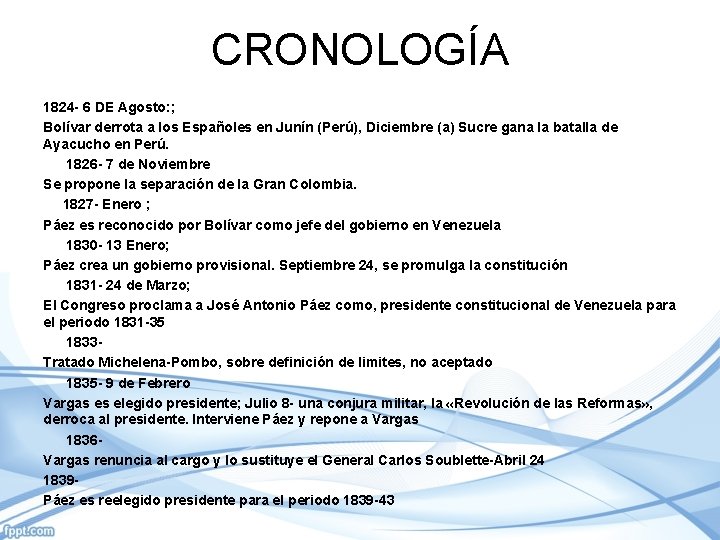 CRONOLOGÍA 1824 - 6 DE Agosto: ; Bolívar derrota a los Españoles en Junín