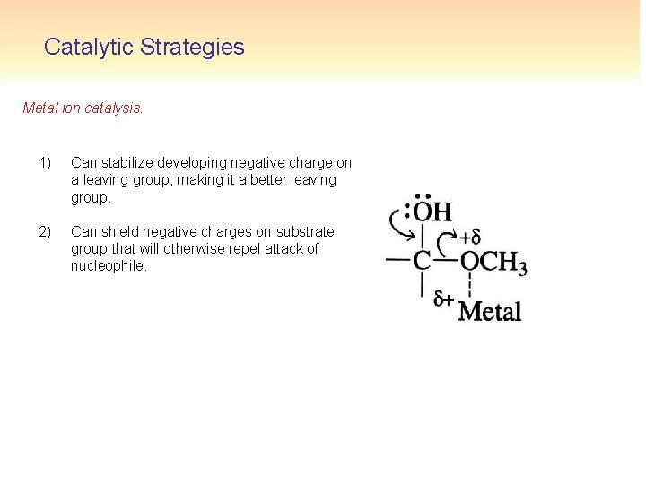 Catalytic Strategies Metal ion catalysis. 1) Can stabilize developing negative charge on a leaving