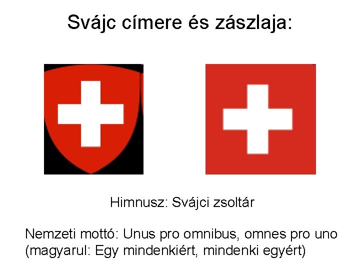 Svájc címere és zászlaja: Himnusz: Svájci zsoltár Nemzeti mottó: Unus pro omnibus, omnes pro