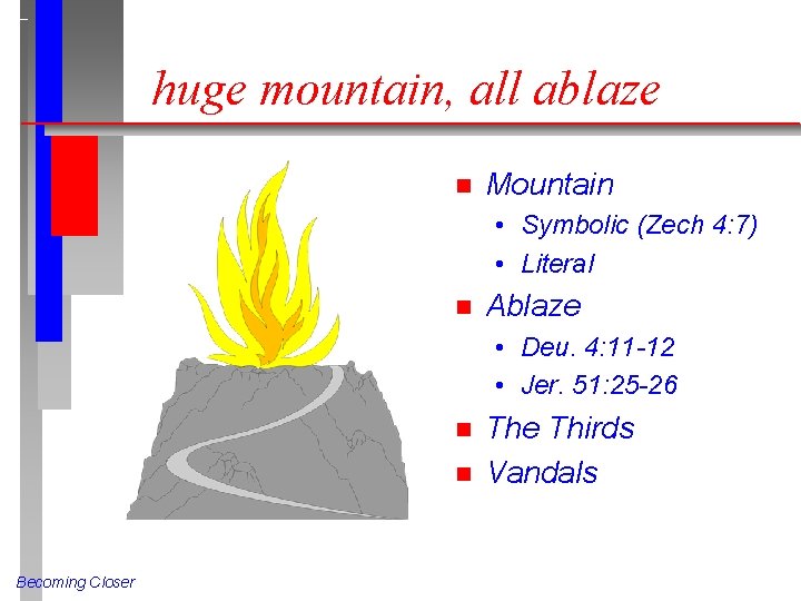 huge mountain, all ablaze n Mountain • Symbolic (Zech 4: 7) • Literal n