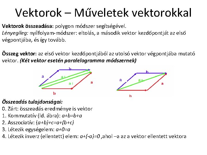 Vektorok – Műveletek vektorokkal Vektorok összeadása: polygon módszer segítségével. Lényegileg: nyílfolyam-módszer: eltolás, a második