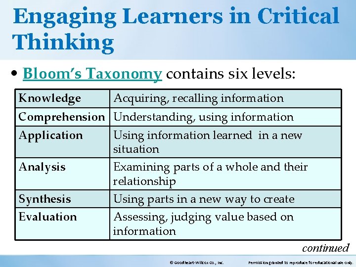 Engaging Learners in Critical Thinking • Bloom’s Taxonomy contains six levels: Knowledge Acquiring, recalling