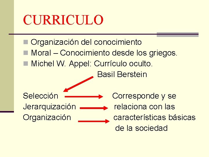 CURRICULO n Organización del conocimiento n Moral – Conocimiento desde los griegos. n Michel