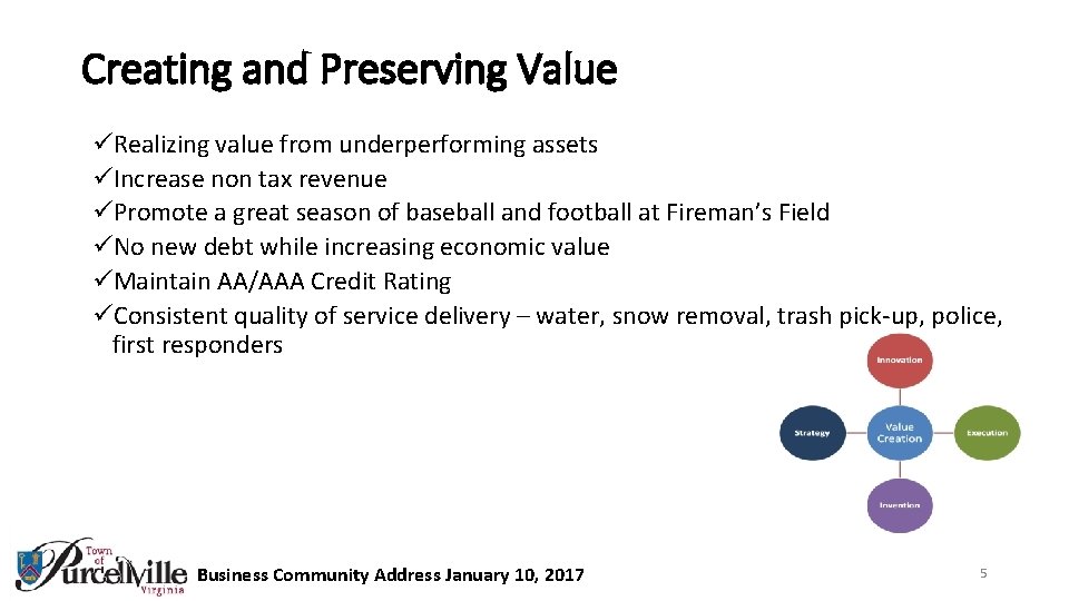 Creating and Preserving Value üRealizing value from underperforming assets üIncrease non tax revenue üPromote