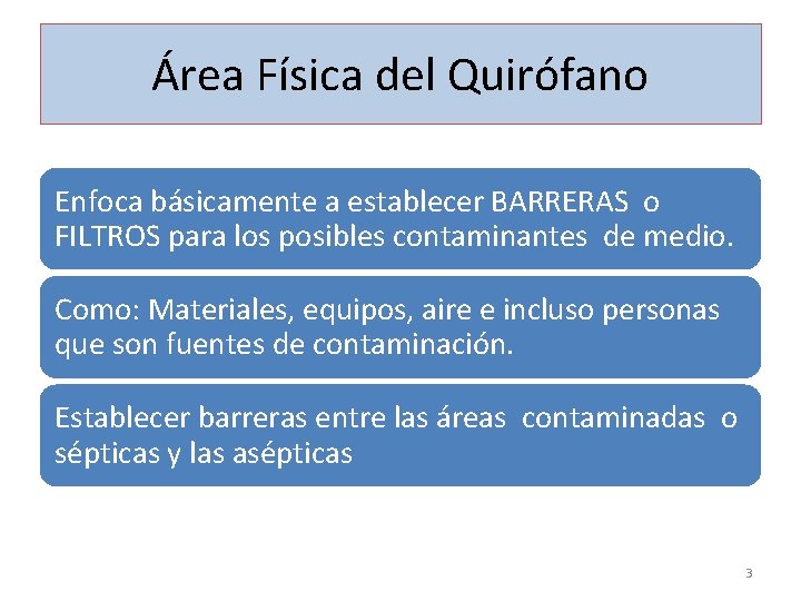 Área Física del Quirófano Enfoca básicamente a establecer BARRERAS o FILTROS para los posibles