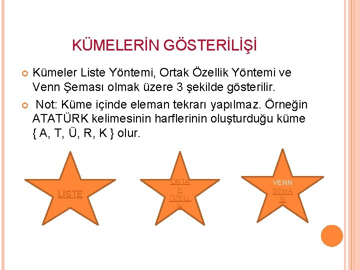 KÜMELERİN GÖSTERİLİŞİ Kümeler Liste Yöntemi, Ortak Özellik Yöntemi ve Venn Şeması olmak üzere 3