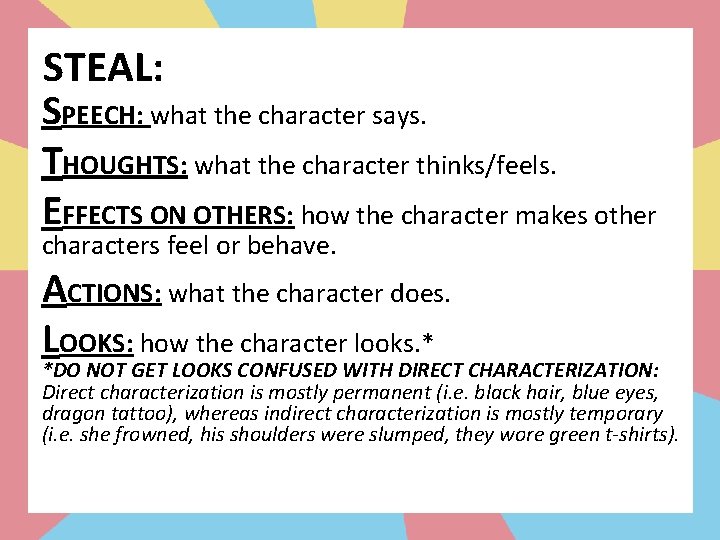 STEAL: SPEECH: what the character says. THOUGHTS: what the character thinks/feels. EFFECTS ON OTHERS: