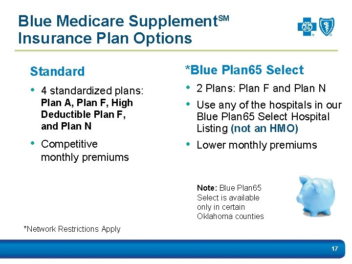 Blue Medicare Supplement. SM Insurance Plan Options Standard • 4 standardized plans: Plan A,