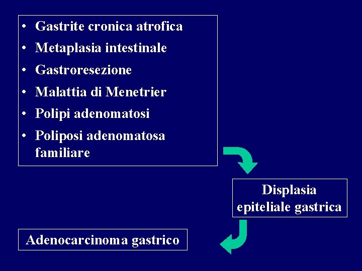  • Gastrite cronica atrofica • Metaplasia intestinale • Gastroresezione • Malattia di Menetrier