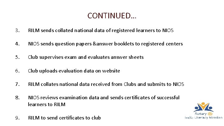 CONTINUED… 3. RILM sends collated national data of registered learners to NIOS 4. NIOS