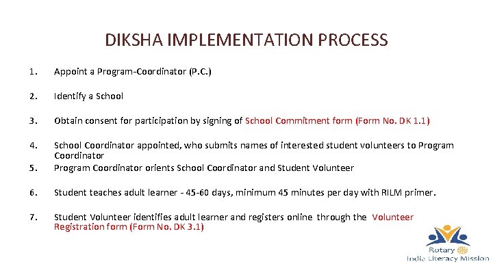 DIKSHA IMPLEMENTATION PROCESS 1. Appoint a Program-Coordinator (P. C. ) 2. Identify a School