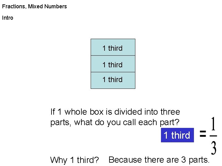 Fractions, Mixed Numbers Intro 1 third If 1 whole box is divided into three