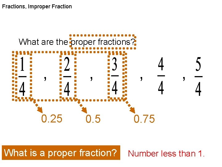 Fractions, Improper Fraction What are the proper fractions? , 0. 25 , , 0.