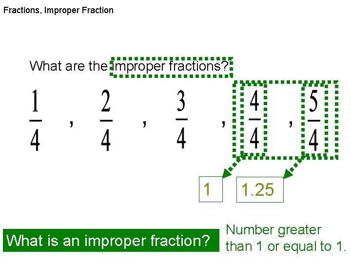 Fractions, Improper Fraction What are the improper fractions? , , , 1 What is