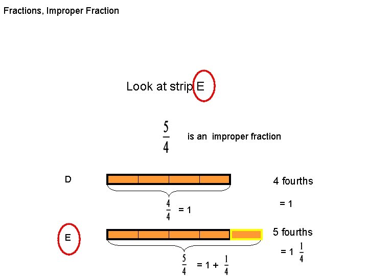 Fractions, Improper Fraction Look at strip E is an improper fraction D 4 fourths