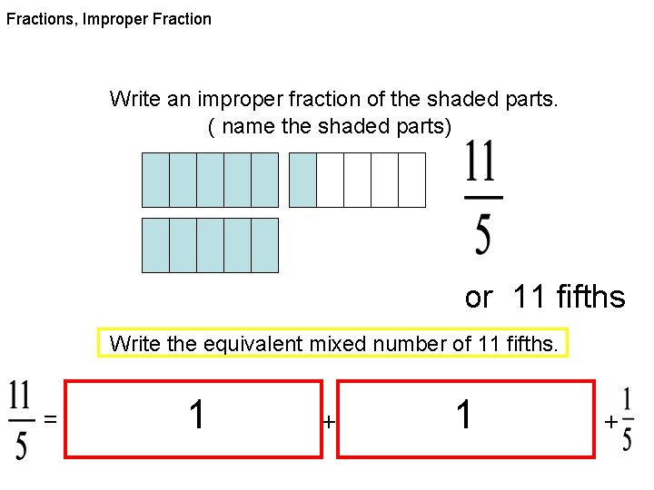 Fractions, Improper Fraction Write an improper fraction of the shaded parts. ( name the