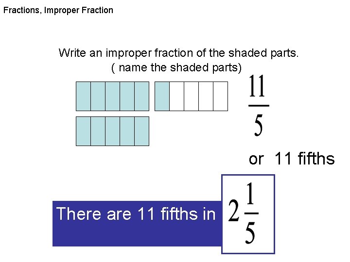 Fractions, Improper Fraction Write an improper fraction of the shaded parts. ( name the