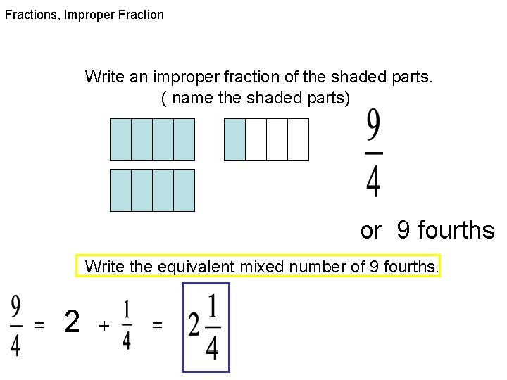 Fractions, Improper Fraction Write an improper fraction of the shaded parts. ( name the